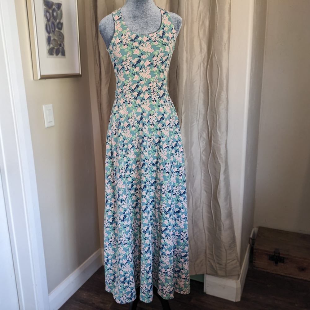 Pact Fit & Flare Open Back Maxi Dress XS Shadow Floral Spruce Criss-Cross Tank